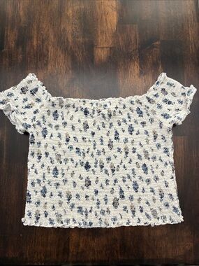 Urban Outfitters White Smocked Off-Shoulder Crop Top with Navy & Brown Spots